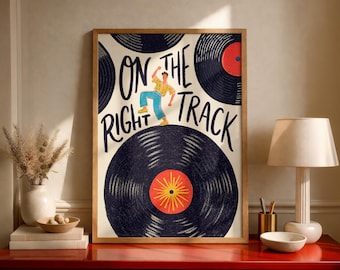 On The Right Track Music Poster, Colorful Retro Wall Art, Funny Music Print, Vinyl Decor