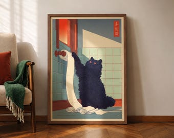 Japanese Cat Poster, Cat Toilet Paper Print, Funny Bathroom Wall Art, Hasui Kawase Art, Hiroaki Takahashi Style, Shin-Hanga Wall Art