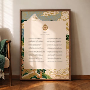 May include: A framed wall art print featuring the poem If by Rudyard Kipling, centered with a gold compass illustration. The border displays a stylized landscape with a mountain, trees, and clouds in shades of green, blue, and gold.