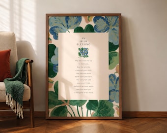 Irish Blessing Poster Print, Four Leaf Clover Wall Art, Floral Poem, Irish Quote, Rustic Faith Decor, Thoughtful Gift