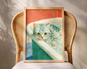 Cat Bathroom Wall Art Print, Gray Tabby Bathtub Poster, Funny Cat Bath Art, American Shorthair Print, Colourful Bath Decor