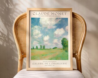 Claude Monet Inspired Wall Art Print, Impressionist Summer Clouds Poster, French Countryside Landscape Art, Green Field Decor