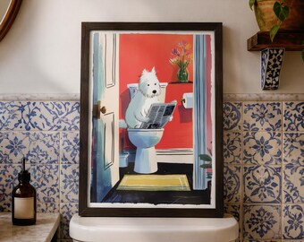 Funny Dog Bathroom Wall Art Print, Westie Reading Newspaper Poster, Quirky Toilet Decor, Dog Lover Gift, Colourful Bathroom Art
