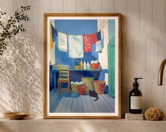 Henri Matisse Inspired Cat Poster, Blue Wall Art, French Laundry Room, Black Cat