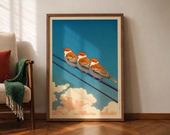 Japanese Bird Poster, Sparrow Living Room Print, Cozy Kitchen Decor, Hasui Kawase Print, Hiroaki Takahashi Style, Shin-Hanga Wall Art