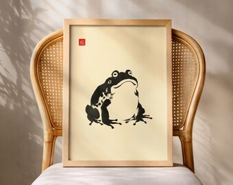Japansk grodaposter, Matsumoto Hoji-inspirerat tryck, Sengai Gibon, Hakuin Ekaku-stil, vintage zenkonst, rolig djurgåva