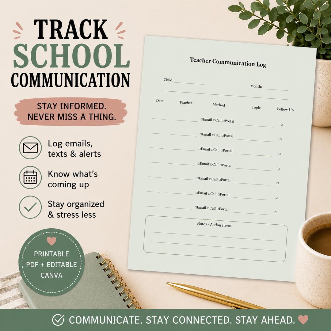Parent Teacher Communication Log | Editable Canva School Notes Tracker ...