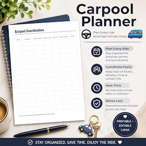 May include: A spiral-bound carpool planner with the title "Carpool Planner" in a bold font. The planner includes a grid for coordinating rides, and icons for planning, coordination, saving time, and reducing stress. A pen and car key chain are also visible.