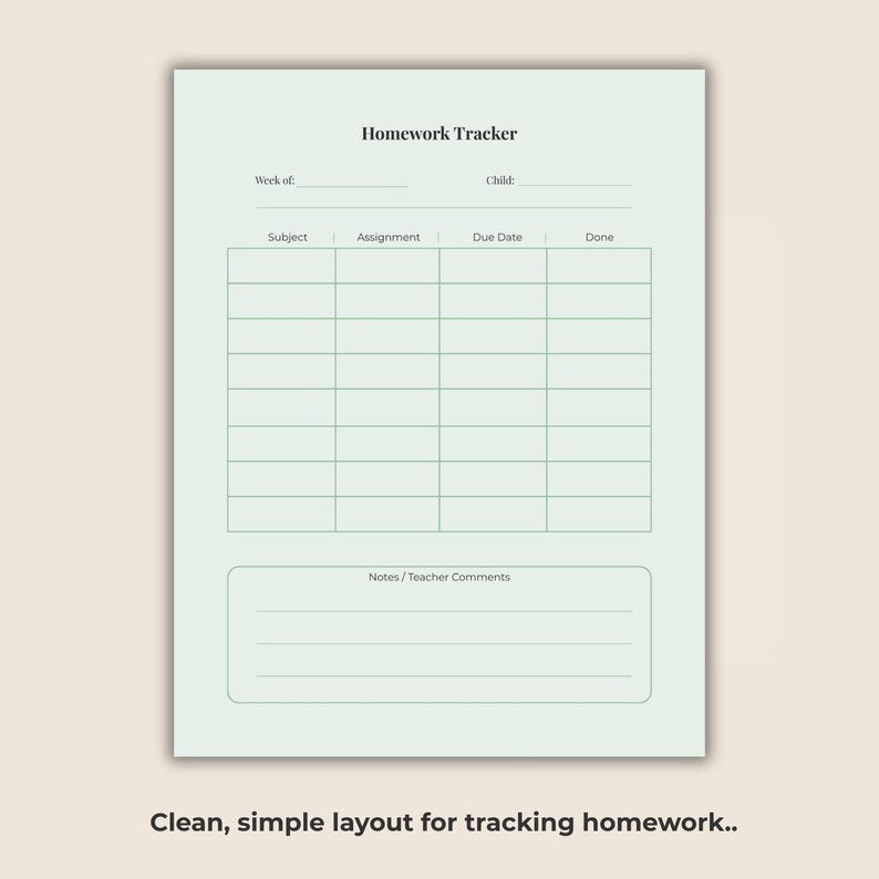 Homework Tracker Printable for Kids | Assignment Tracker | School ...