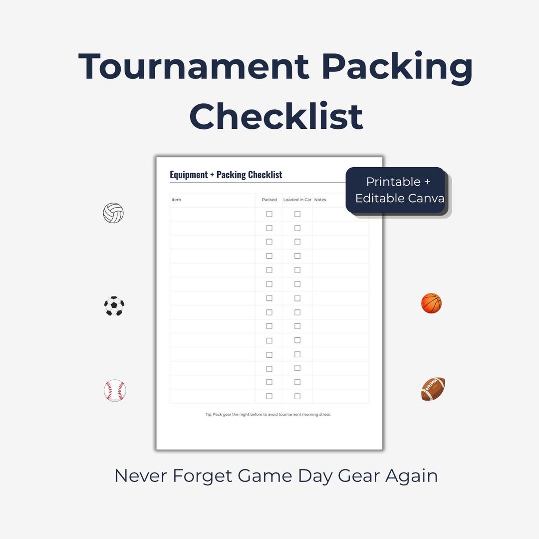 Tournament Packing Checklist, Sports Gear, Game Day List (printable ...