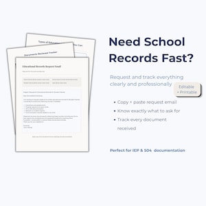 Puede incluir: Un documento blanco titulado "Educational Records Request Email" con campos rellenables y una lista de elementos a solicitar. El texto "Need School Records Fast?" se muestra con viñetas sobre la solicitud y el seguimiento de registros. El documento está etiquetado como "Editable + Printable."