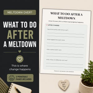 May include: A printable worksheet titled "What to Do After a Meltdown" with prompts for reflection. The design includes the text "Meltdown Over?" and "This is where change happens." A small potted plant and a heart-shaped wooden sign are also visible.