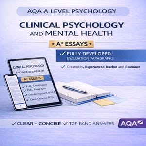 May include: A digital advertisement for AQA A Level Psychology, Clinical Psychology and Mental Health. The image features a tablet and smartphone displaying study materials, a notebook, and a pen. Text includes "A* Essays" and "Fully Developed Evaluation Paragraphs."
