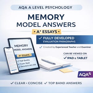 Puede incluir: Anuncio de Respuestas del Modelo de Memoria de Psicología AQA A Level. La imagen muestra una tableta y un teléfono inteligente que muestran el contenido, junto con un libro abierto y un bolígrafo. El texto incluye "A* Essays", "Párrafos de evaluación totalmente desarrollados".