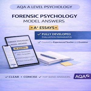 May include: An advertisement for AQA A Level Psychology Forensic Psychology Model Answers. The image features a tablet and smartphone displaying text, a notebook with a pen, and text that reads "A* Essays" and "Fully Developed Evaluation Paragraphs."