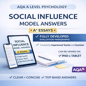 Puede incluir: Un anuncio de material de estudio de Psicología AQA A Level. La imagen presenta una tableta y un smartphone que muestran "Social Influence Model Answers" y "A* Essays". Texto adicional destaca "Fully Developed Evaluation Paragraphs" y "Top Band Answers".