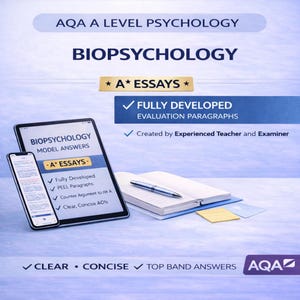 Puede incluir: Anuncio digital de materiales de estudio de Biopsicología AQA A Level Psychology. La imagen presenta una tableta y un teléfono inteligente que muestran respuestas modelo, un cuaderno y un bolígrafo. El texto incluye "A* Essays" y "Párrafos de evaluación totalmente desarrollados".