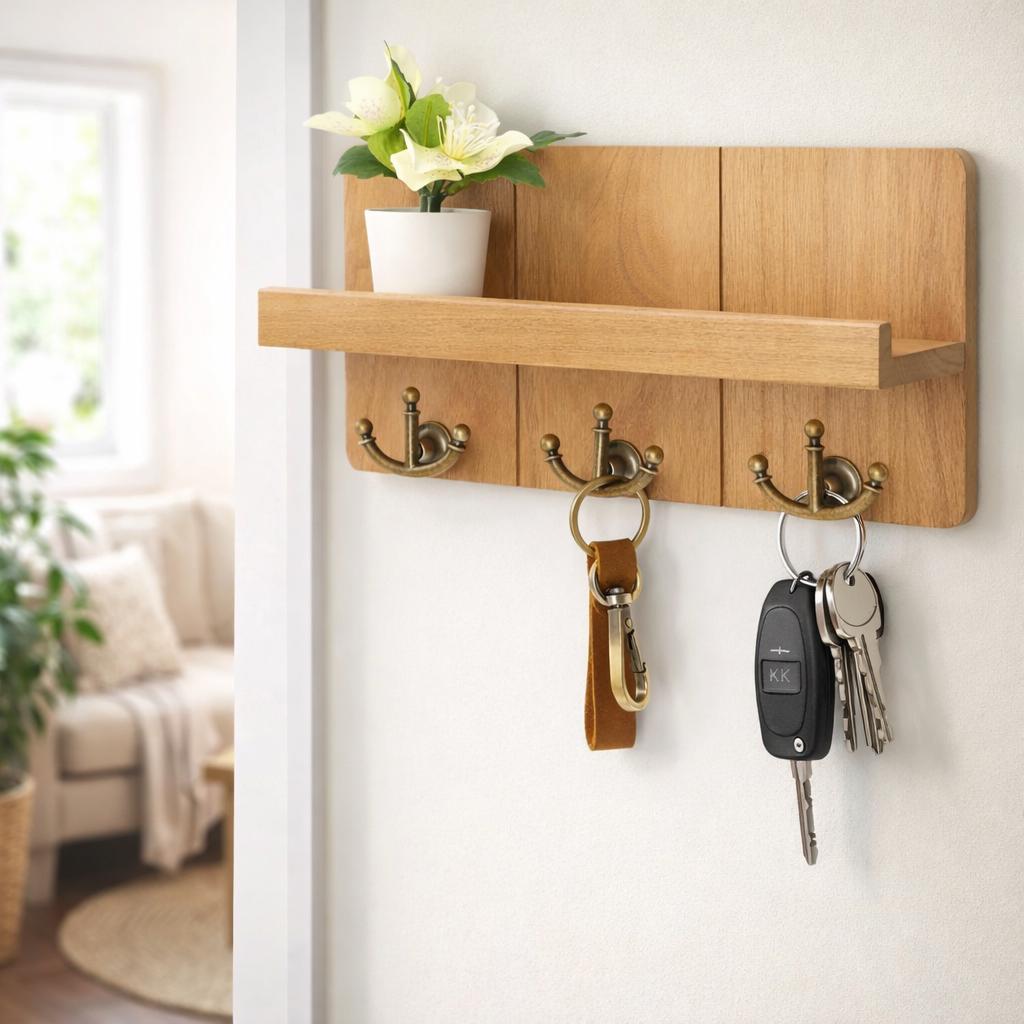 Wooden Key Rack With Shelf - Wall Mounted Key Rack - Etsy