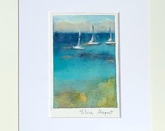Original watercolor of Andratx, Mallorca. Landscape sailboats. Marine painting. Miniature with passe-partout. Gold details. Original gift.