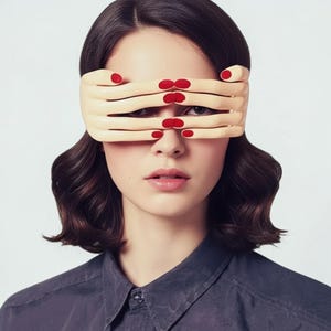 May include: A woman with dark hair wearing an unusual eye mask. The mask is crafted from sculpted hands, painted beige with red fingernails. She is wearing a dark grey button-down shirt.