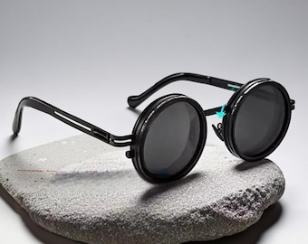 Gepolariseerde ronde zonnebril | Verstelbare zonnebril met ND-filter | Retro punk ronde tinten | UV400-zonnebril voor buiten | Uniseks steampunk-bril