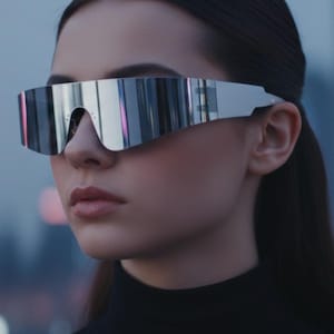 May include: Silver futuristic sunglasses with a mirrored finish. The sunglasses have a wide, rectangular shape that covers the eyes and nose. The frame is sleek and modern, with a minimalist design. The lenses reflect the surrounding environment.