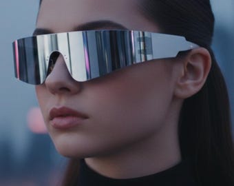 May include: Silver futuristic sunglasses with a mirrored finish. The sunglasses have a wide, rectangular shape that covers the eyes and nose. The frame is sleek and modern, with a minimalist design. The lenses reflect the surrounding environment.