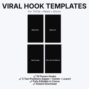May include: A digital template titled "VIRAL HOOK TEMPLATES" for TikTok, Reels, and Shorts. The design features four black rectangles with text prompts: "Watch this," "Wait for it," "Don't scroll," and "POV: this hits different." Additional text highlights 15 hooks, 3 text positions, Canva editing, and instant download.