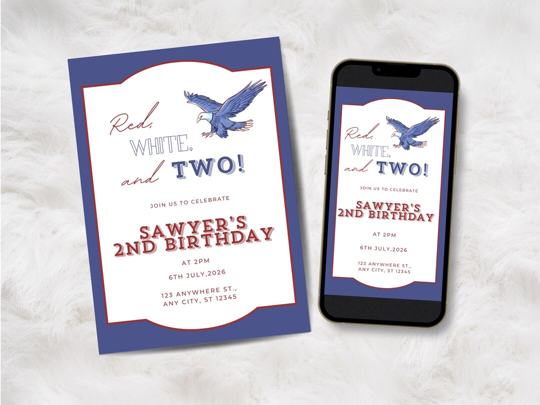 Red White Two Birthday Invitation, Patriotic Eagle 2nd Birthday Invite ...