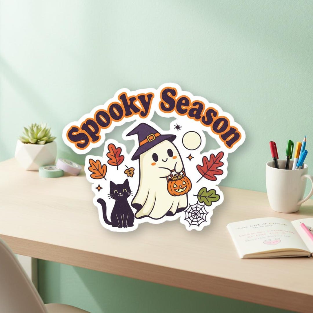 Spooky Season Ghost and Black Cat Sticker, Halloween Vinyl Decal (water ...