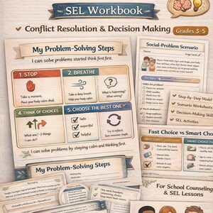 Cahier d'exercices sur les scénarios de résolution de problèmes sociaux | SEL, résolution de conflits, prise de décision (3e-5e années)