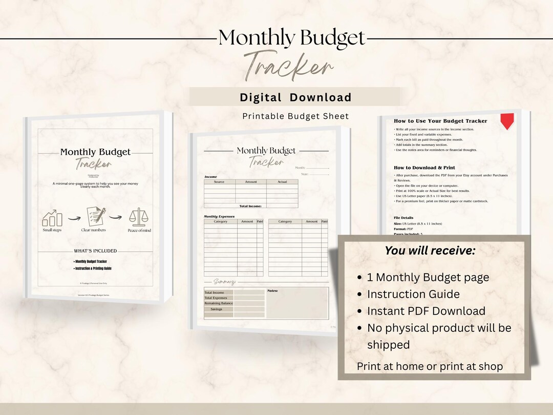 Budget One Page Examples Minimal Monthly Budget Tracker Printable | One Page Budget Planner ...
