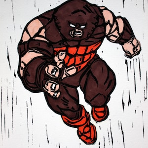 May include: A hand-drawn illustration of a comic book character, The Juggernaut, in a red and brown costume, with a large head and a menacing expression. He is depicted in mid-air, with his arms outstretched, as if he is about to charge forward.
