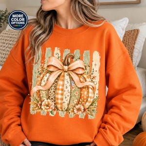 Peut inclure: Un sweat-shirt orange à manches longues avec un motif central représentant une citrouille ornée d'un grand nœud. Le design de la citrouille intègre divers motifs dont du tartan, des taches de léopard et des fleurs, avec des fleurs à la base.