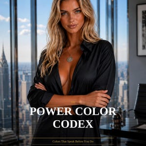 May include: A woman in a black button-down shirt with the text "THE POWER COLOR CODEX" and "Colors That Speak Before You Do." The image includes a color palette at the bottom. The background shows a cityscape.