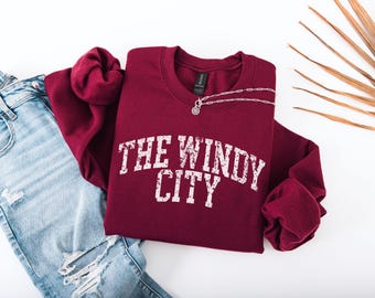 Sudadera de cuello redondo para adulto con estampado desgastado de The Windy City, estilo vintage, texto desgastado, suéter para el día a día, regalo para él, conjunto familiar a juego, ideal para el día del partido.