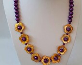 Yellow and purple daisy necklace - purple pearlescent necklace, yellow marbled daisy necklace, flower necklace, amber flower necklace