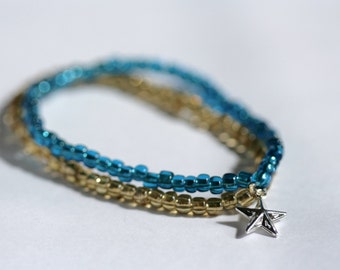 Blue and gold star charm stretchy friendship bracelet - elasticated bracelet, seed bead bracelet, seed bead charm friendship bracelet