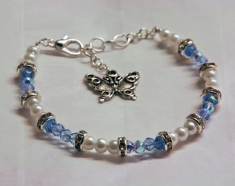 Blue sparkly pearl bracelet - turquoise butterfly charm bracelet, wedding jewellery, bridal jewelry, bridesmaid, flowergirl bracelet