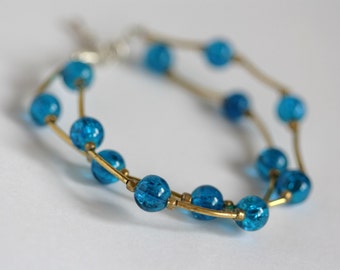 Turquoise and gold bracelet - multi strand bracelet, two strand bracelet, blue bracelet, aquamarine bracelet, gold and blue bracelet