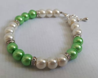 Lime green flowergirl bridesmaid bracelet - Lime green bracelet, white pearl wedding bracelet, sparkly diamante bracelet, green bracelet