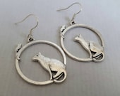 Cat & mouse hoop earrings - cat mouse on the moon, moon charm earrings, black cat charm, silver charm earrings, dangly earrings, feline fan