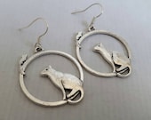 Cat & mouse hoop earrings - cat mouse on the moon, moon charm earrings, black cat charm, silver charm earrings, dangly earrings, feline fan