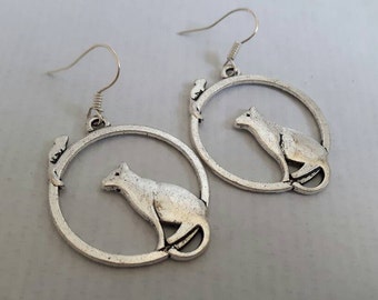 Cat & mouse hoop earrings - cat mouse on the moon, moon charm earrings, black cat charm, silver charm earrings, dangly earrings, feline fan