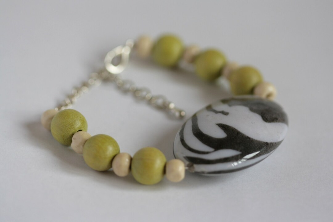 Zebra Print Bracelet Green and Monochrome Bracelet Black Etsy
