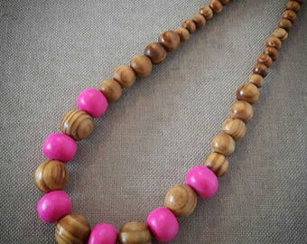 Brown and pink boho wooden bead necklace, wood bead necklace, wooden jewellery, wood jewellery, retro jewellery, autumn colours, retro