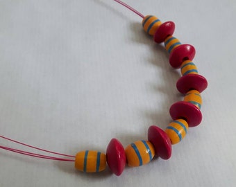 Pink and yellow wood bead necklace - wooden beaded necklace, summer colours, wood beaded necklace, illusion necklace, wood necklace, fuschia