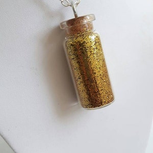 Jar of gold glitter necklace - mini jar necklace, mini jar pendant, glitter pendant, gold glitter necklace, vial necklace, gold sparkle