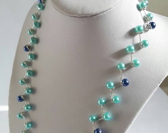 Turquoise and blue pearlescent bead necklace - Turquoise pearl necklace, symmetric jewellery, costume jewellery, pearlescent bead jewellery