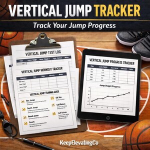 Puede incluir: Un portapapeles con registros de pruebas y entrenamientos de salto vertical, una tableta que muestra un rastreador de progreso de salto y una pelota de baloncesto sobre una superficie de madera. El texto "VERTICAL JUMP TRACKER" es visible.